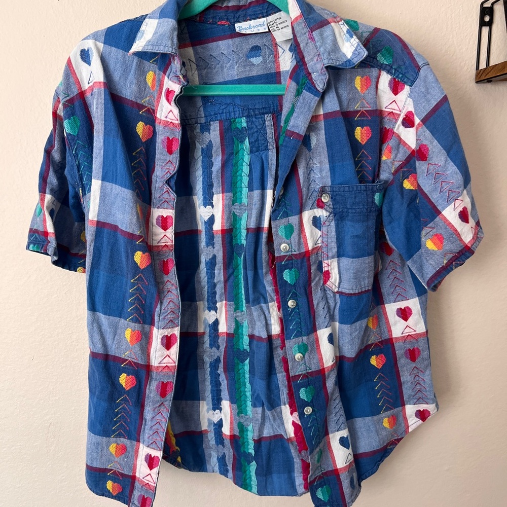 Vintage Backroad Blues Plaid cotton embroidered button down Shirt
